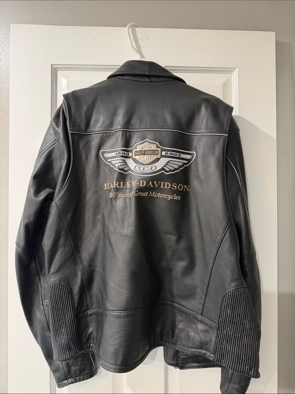 Harley-Davidson Black Leather Bomber Jacket with Gold & Silver Logo